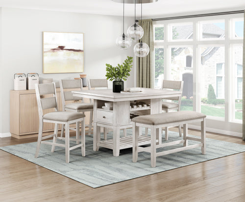 6pc Counter Height Dining Set Antique White Table Storage Bench
