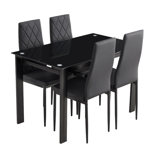 Modern 5-Piece Dining Set Glass Top Black PU Leather Chairs