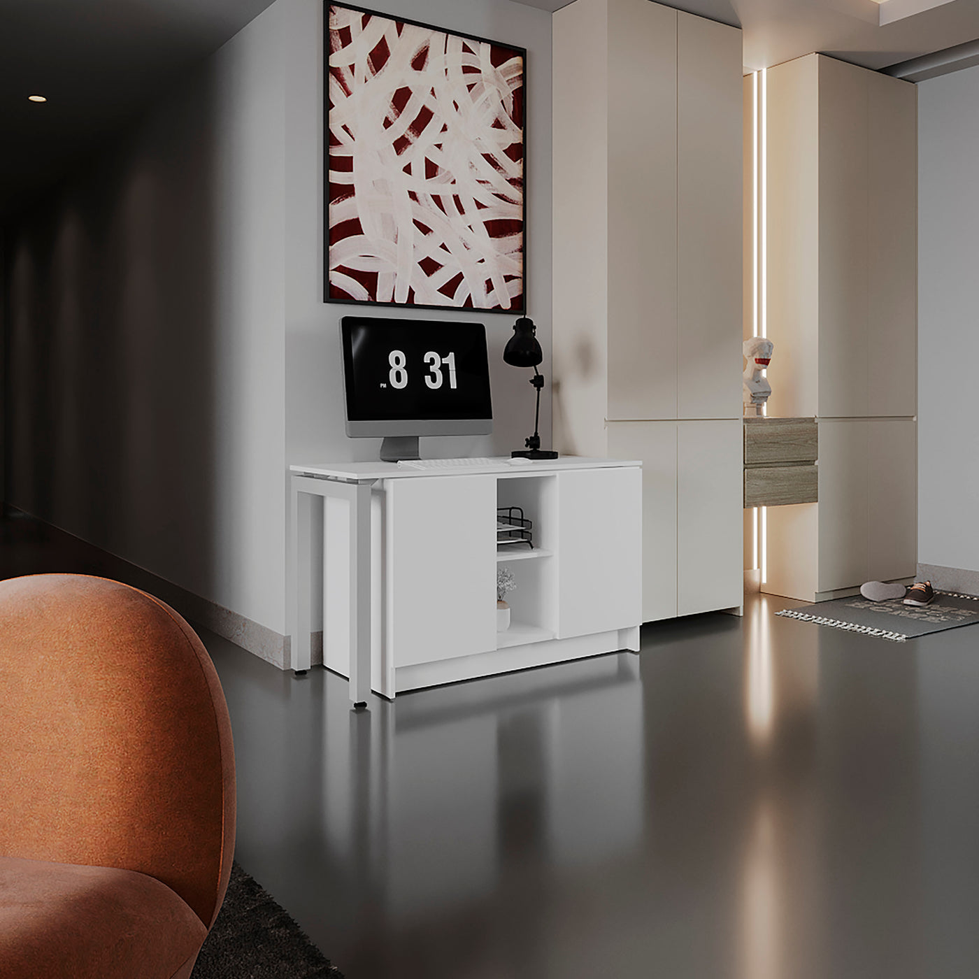Alfie Rotable Desk 72-Inch Wide or Compact, Adjustable Workstation In Two Directions with Storage Compartments, For Home Office or Studio, White