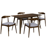 5-Piece Dining Set Walnut Table Light Gray Chairs Rubberwood