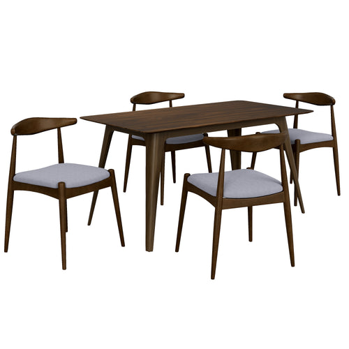 5-Piece Dining Set Walnut Table Light Gray Chairs Rubberwood