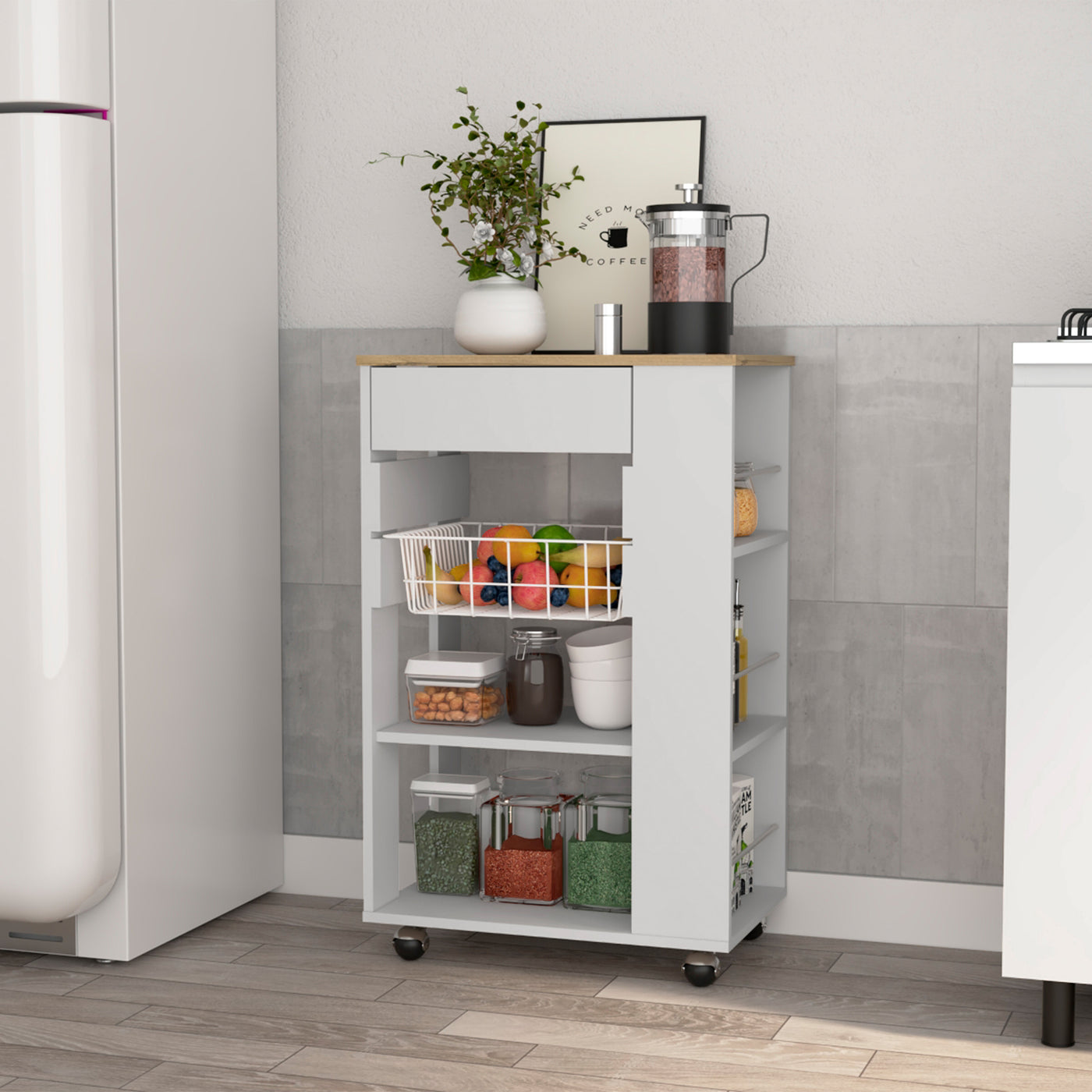 Kitchen Cart with Drawer and Shelves, White and Light Oak