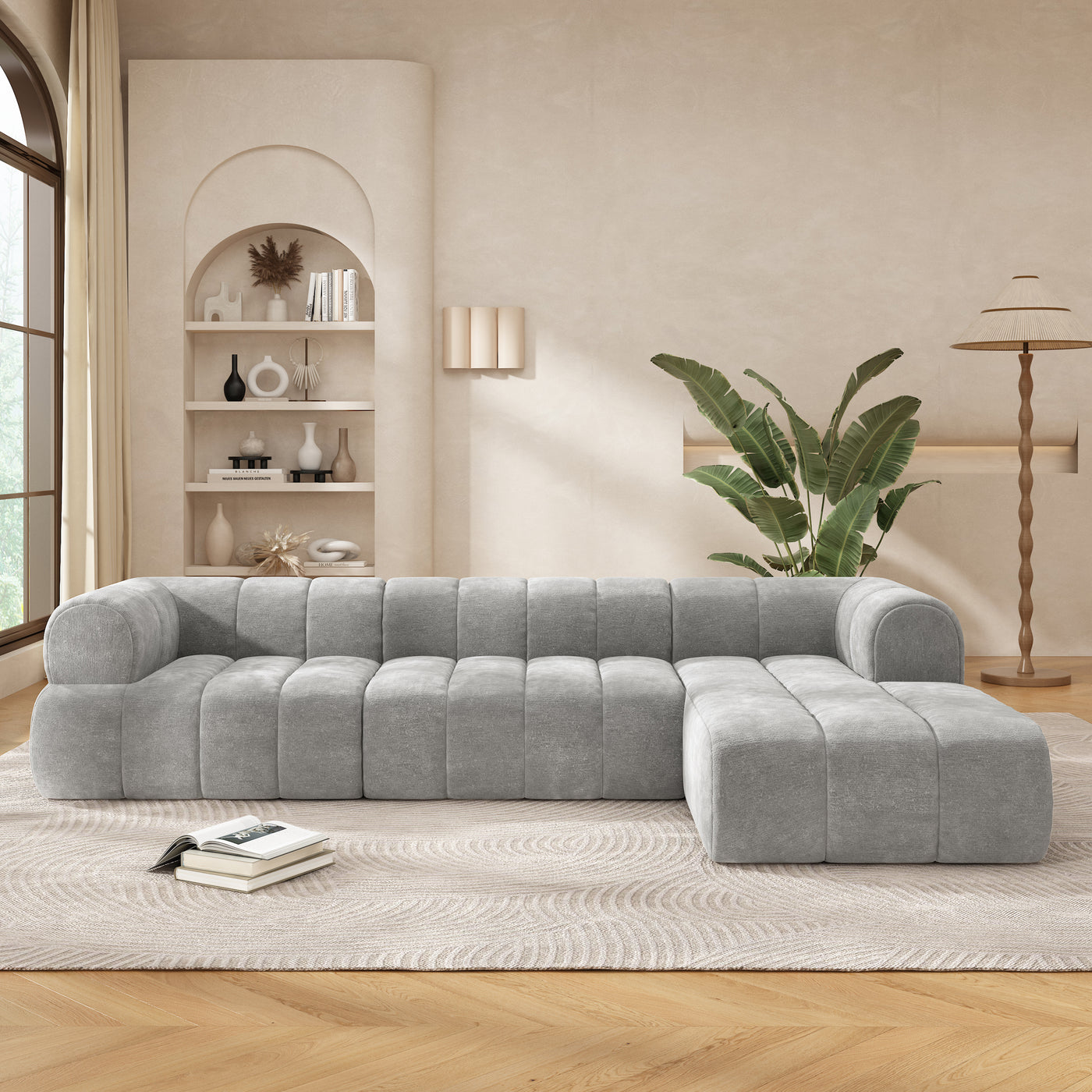 Sectional Sofa L-Shape Polyester Gray 4 Seat 122 In Chaise No Assembly