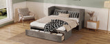Queen Size Murphy Bed, Pine Wood Cabinet Bed with Built-in USB Charging Station and Geometrical Decoration Panel ,Grey