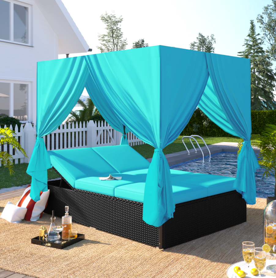 Outdoor Double Chaise Lounge Daybed with Curtains and Adjustable Backrest