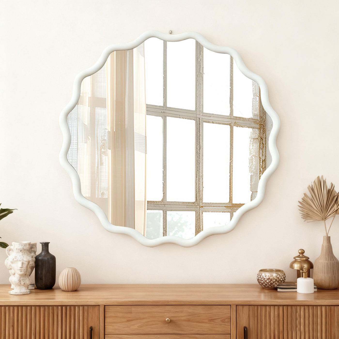 30" Wavy Round Wood Frame Decorative Mirror