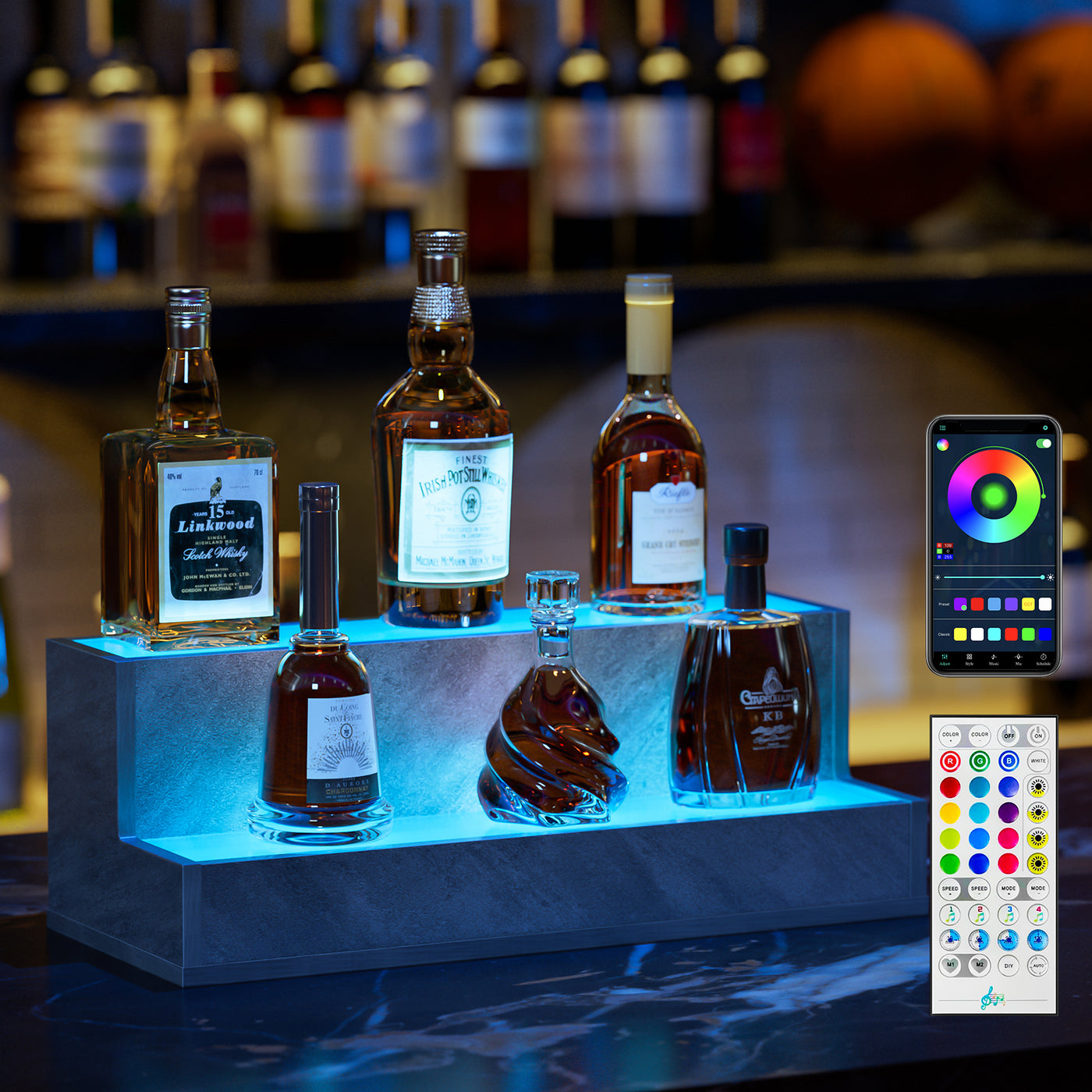 LED Liquor Bottle Display Shelf 20" 2-Step Bar Cabinet