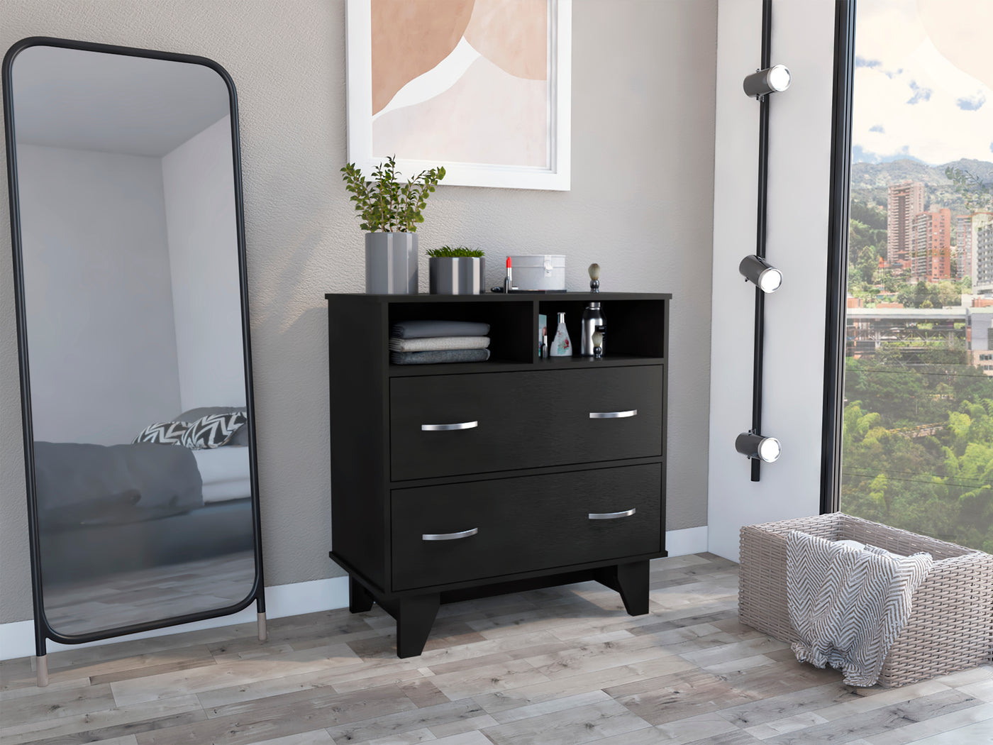 Black Two Drawer Dresser with Open Shelves