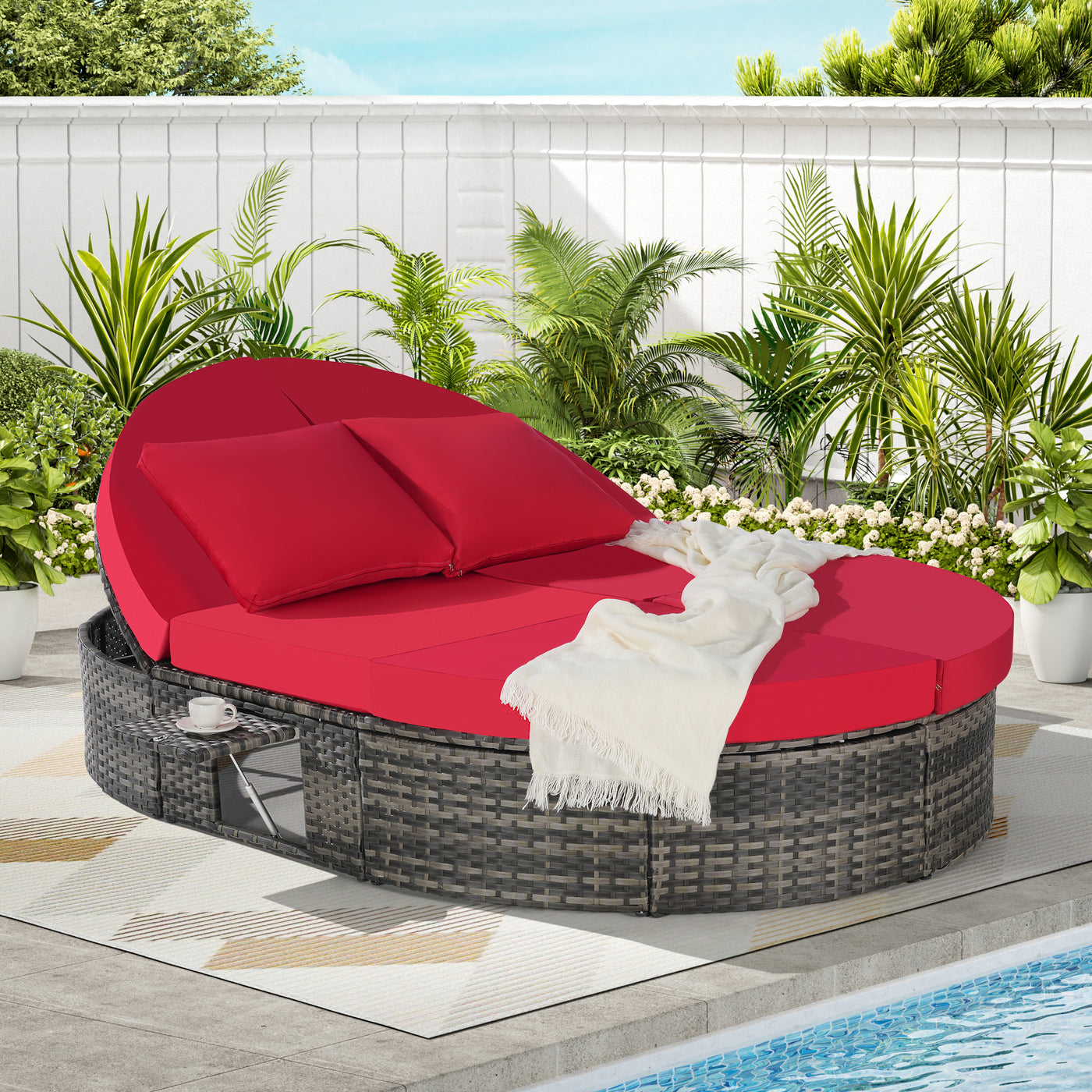 Rattan Patio Round Daybed with Adjustable Backrests and Cushions