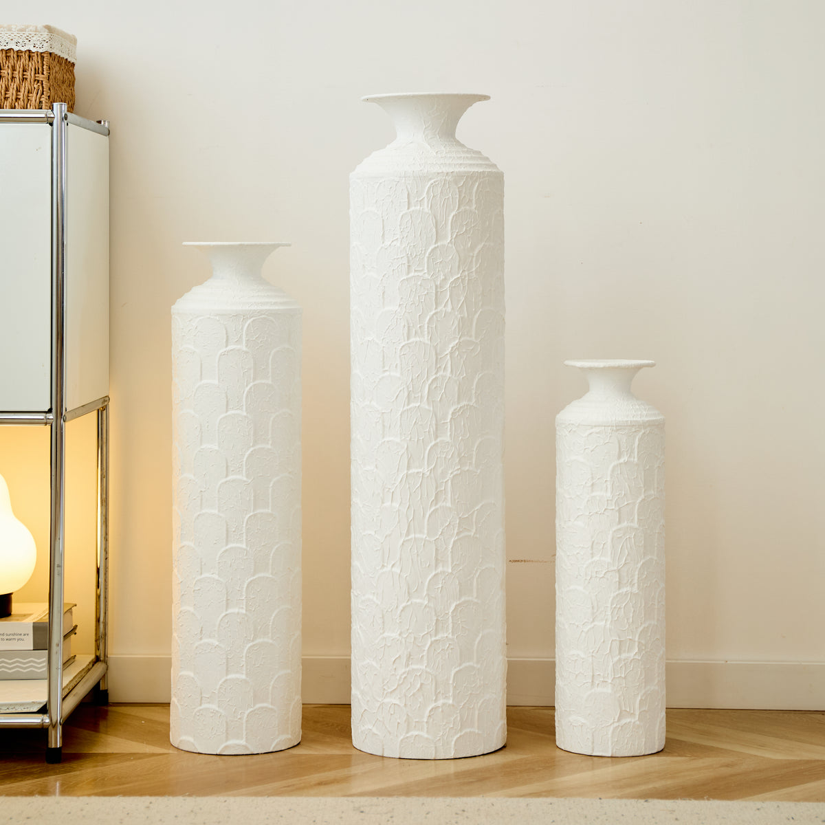 3-Piece Modern Metal Floor Vase Set, Textured White, 33.46" 25.59" 19.69" Tall