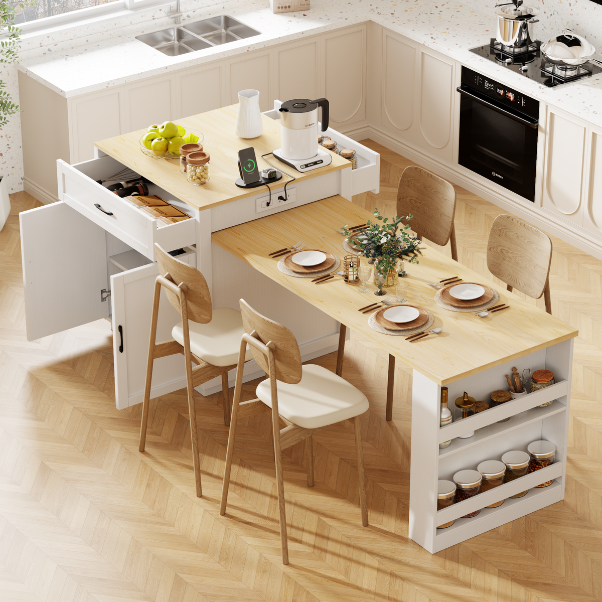 K&K 82.7 inch Kitchen Island with Extendable Dining Table for 4-6 Person,Two-ton