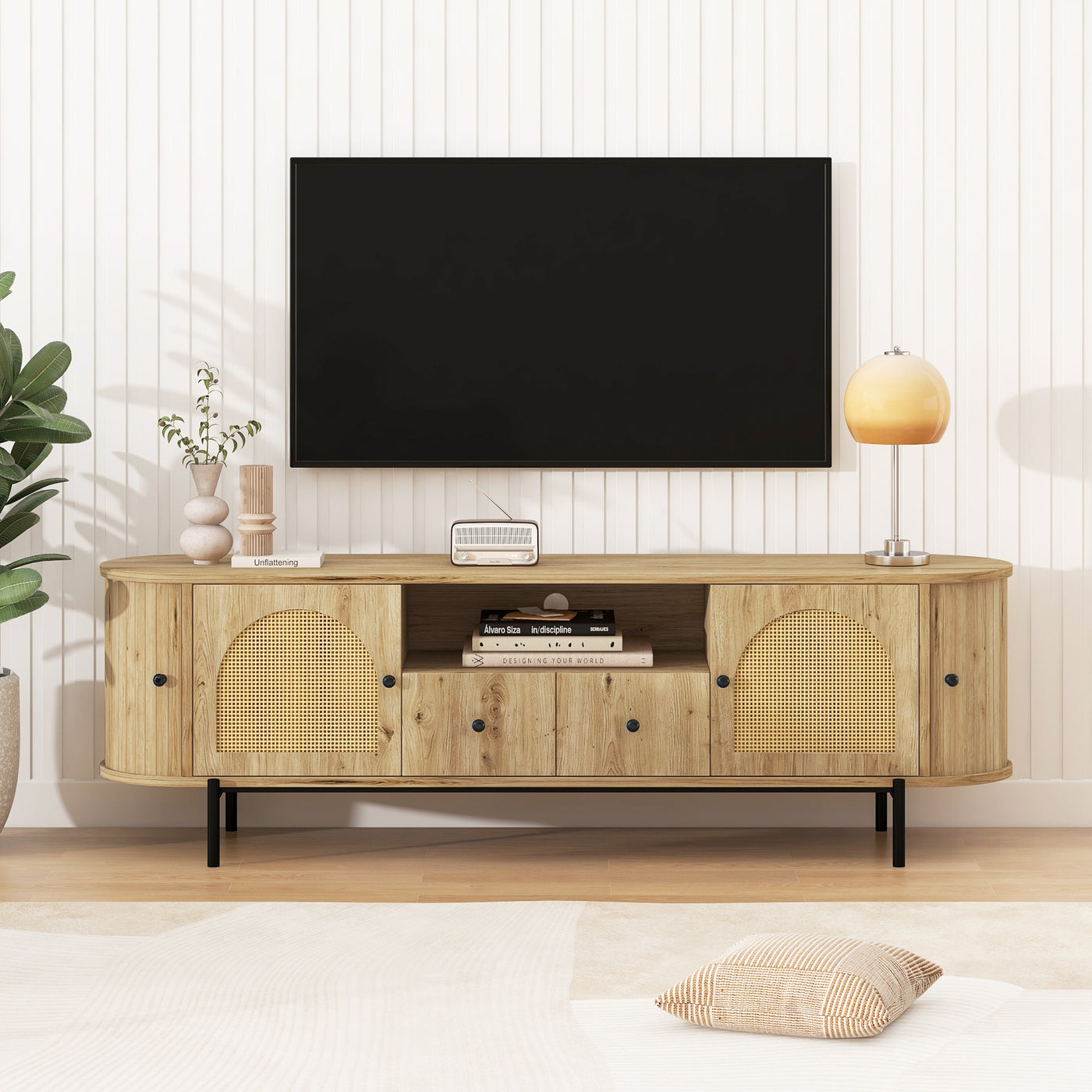 American Style TV Stand with Rattan Arched Doors and Storage