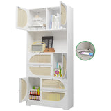 Tall Storage Cabinet with Rattan Doors, 4 Drawers & Outlet
