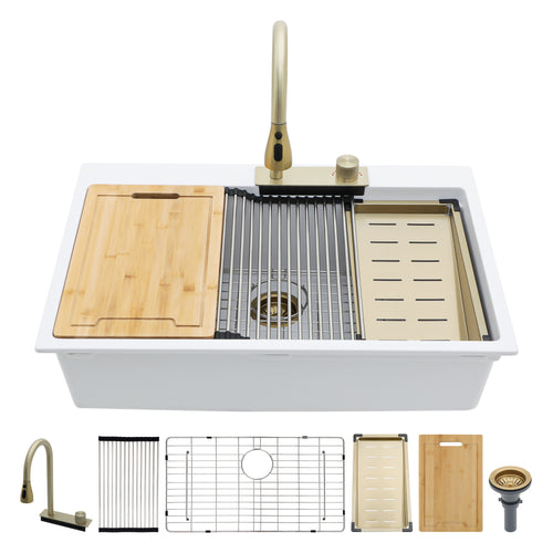 White Composite Granite Quartz Drop-In Kitchen Sink 33x22