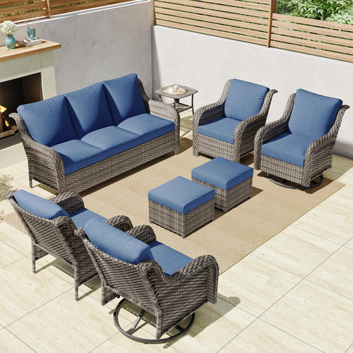 Outdoor Patio Set PE Rattan Swivel Chairs Gray Blue Footstools