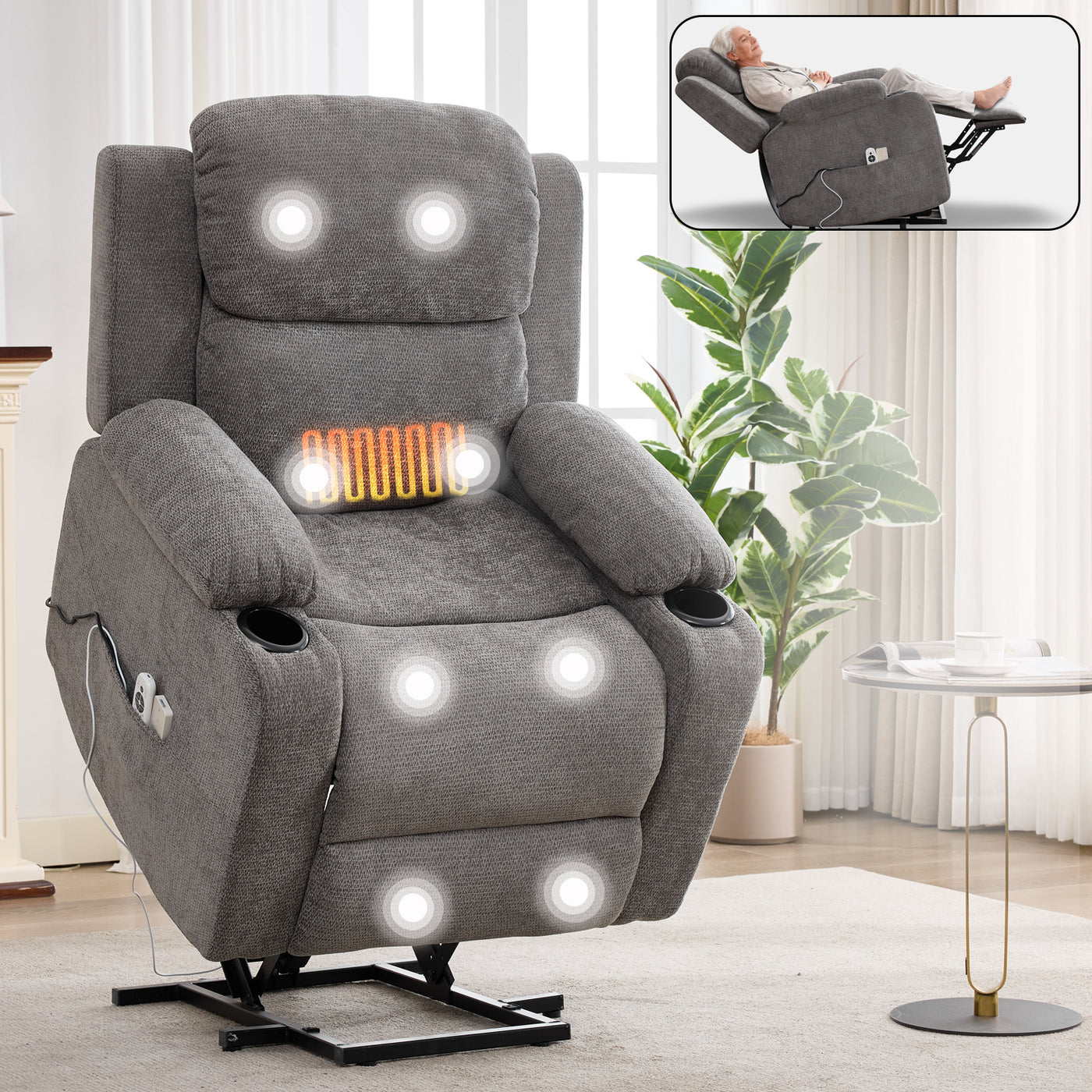 Power Lift Recliner Chair for Elderly, Vibration Massage, Grey