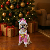 Christmas Labrador Retriever Statue, Holiday Dog Figurine in Pink Santa Outfit