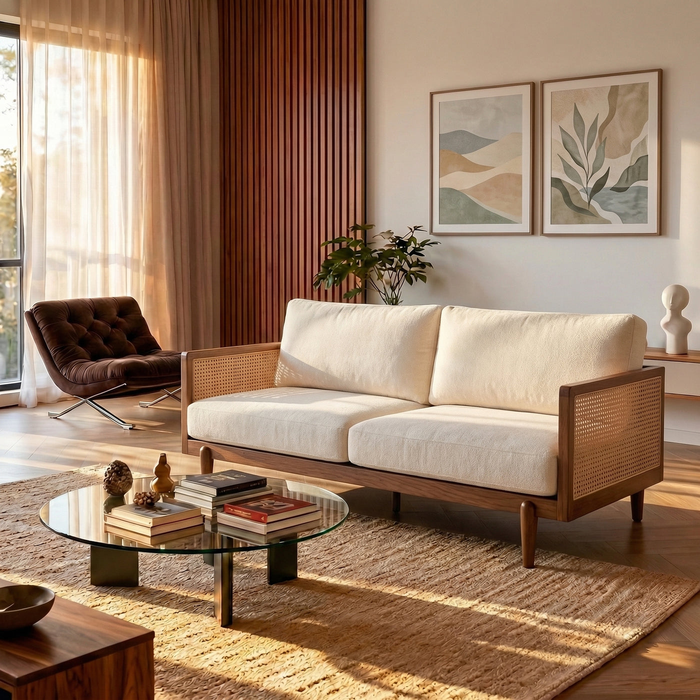 72" Square Arm 3-Seater Boucle Sofa with Cane Rattan Walnut