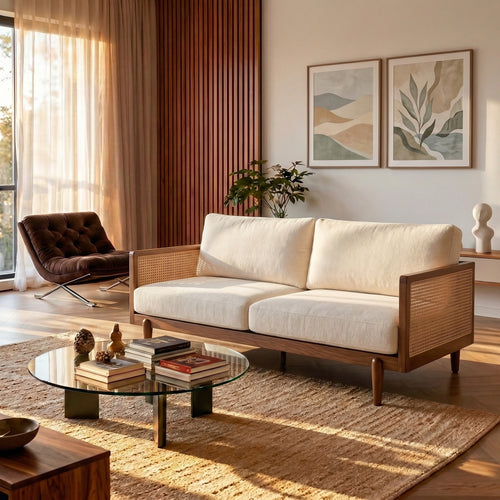 72" Square Arm 3-Seater Boucle Sofa with Cane Rattan Walnut