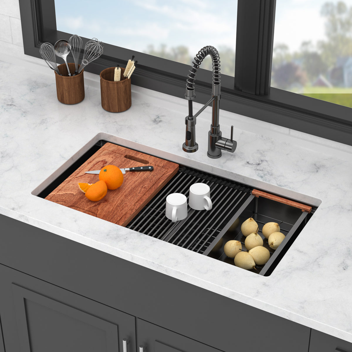 Double Bowl (50/50) Undermount Kitchen Sink- 36"x19"x10" Gunmetal Black 16 Gauge