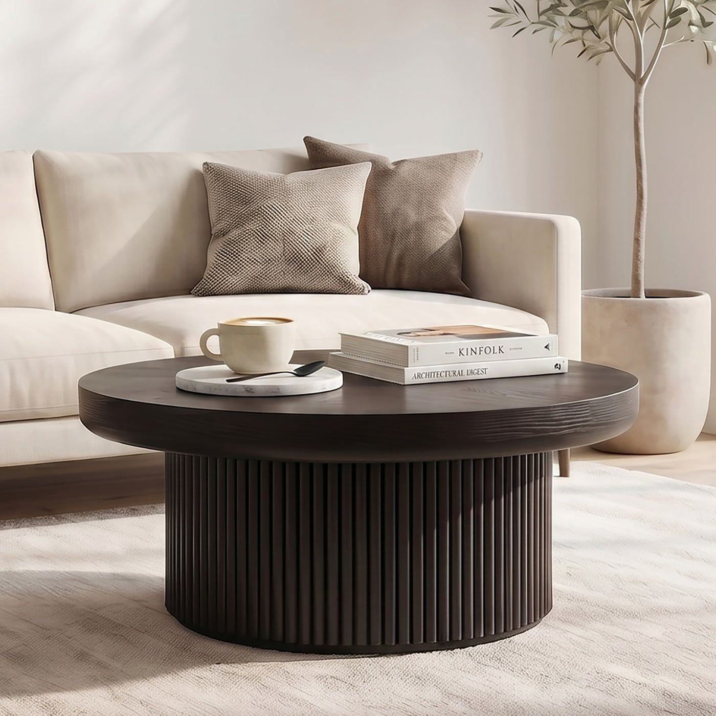 33.5" Round Fluted Wood Parquet Coffee Table Mid-Century Modern