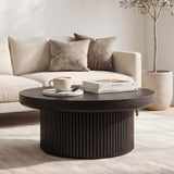 33.5" Round Fluted Wood Parquet Coffee Table Mid-Century Modern