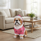 Christmas Pug Statue, Holiday Dog Figurine in Pink Santa Outfit
