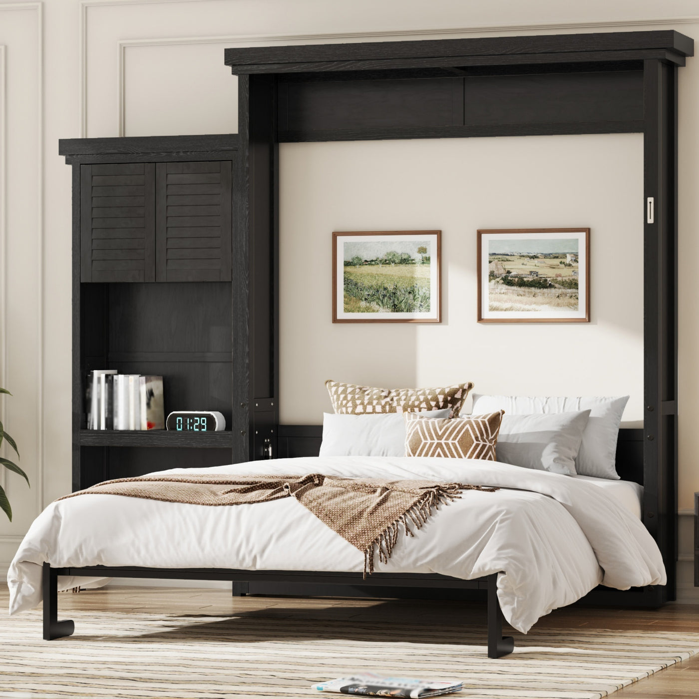 Queen Size Murphy Bed with Multiple Storage Shelves and Louvered Style Decoration,Black