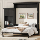 Queen Size Murphy Bed with Multiple Storage Shelves and Louvered Style Decoration,Black