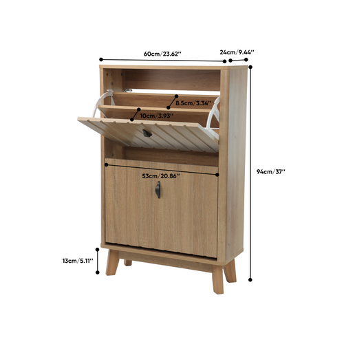23.6" Oak Entryway Shoe Cabinet Flip-Down Storage Freestanding