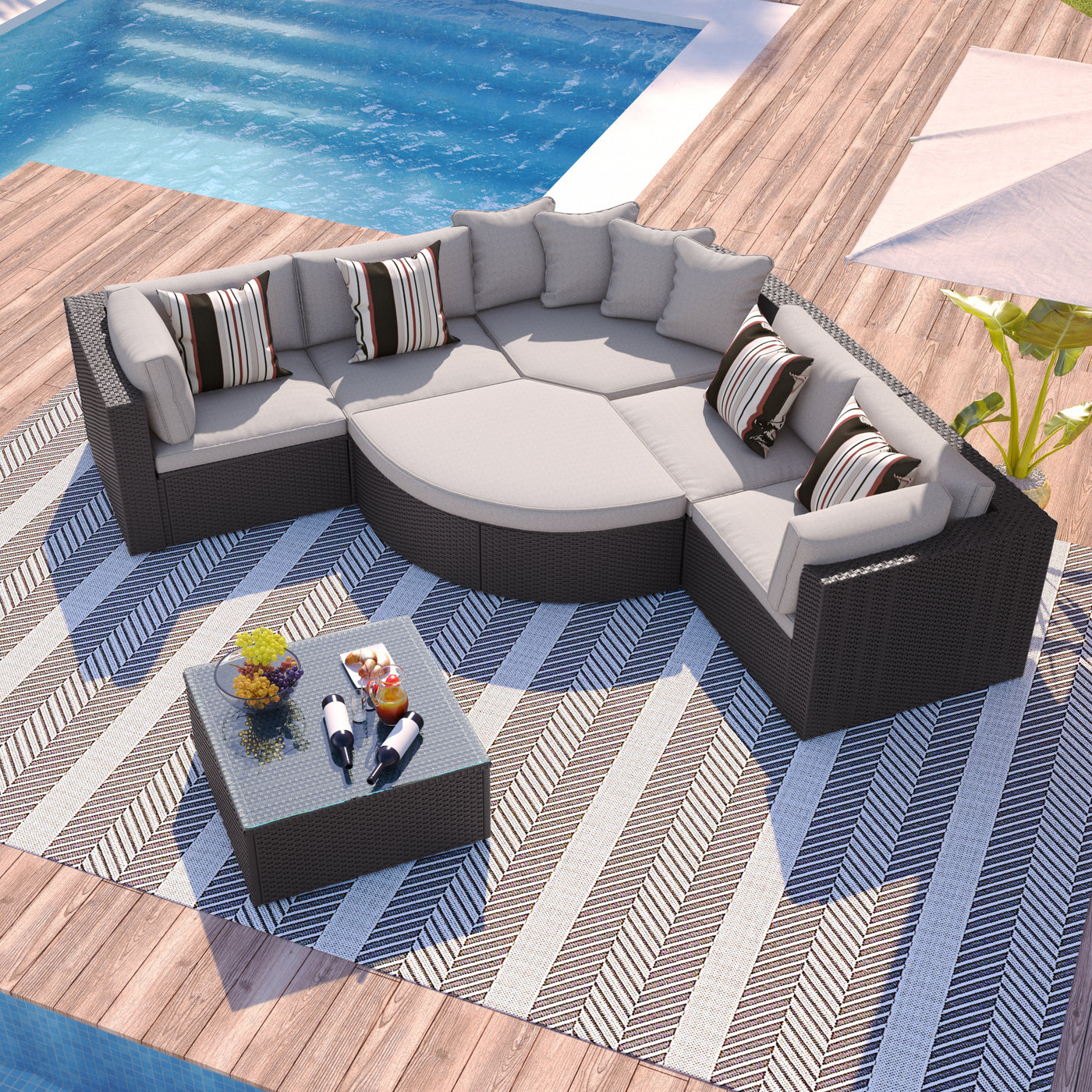 Outdoor Wicker Sofa Set Brown 7 Piece Colorful Pillows Seats 6
