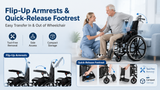 Adult Wheelchair, 20-inch Ergonomic Foldable Aluminum Transport Wheelchair with