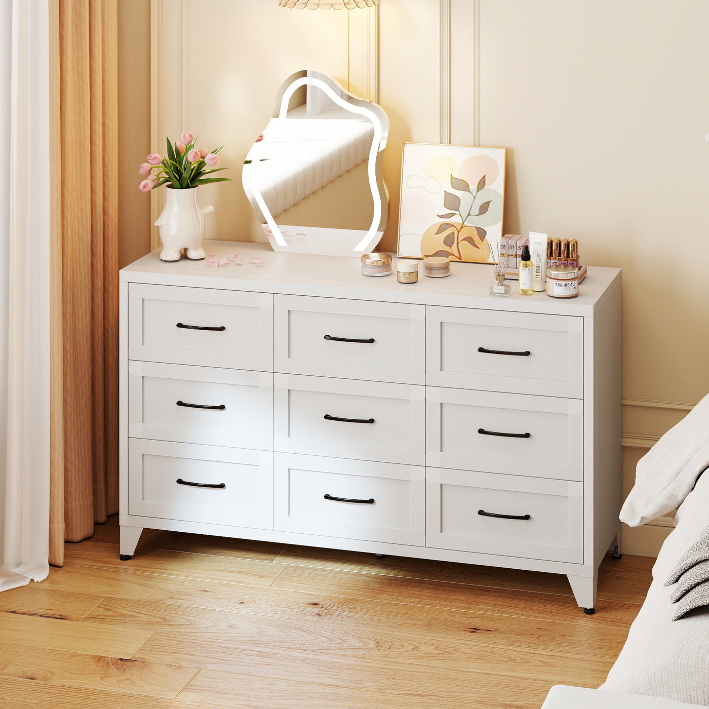 9 Drawer White Metal Bedroom Dresser with Quiet-Glide Rails