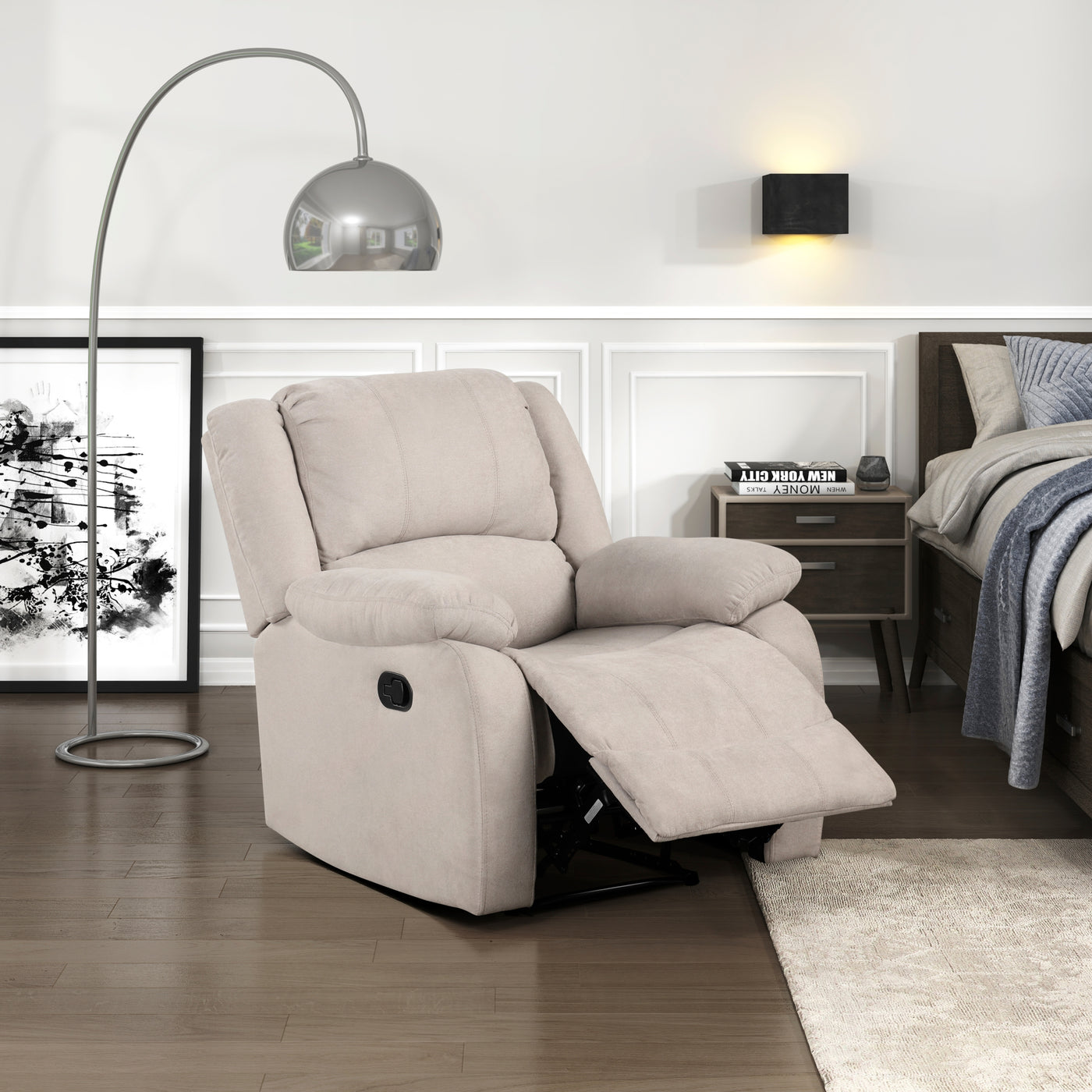 Modern Reclining Chair Textured Fabric Pillowtop Arms Wood