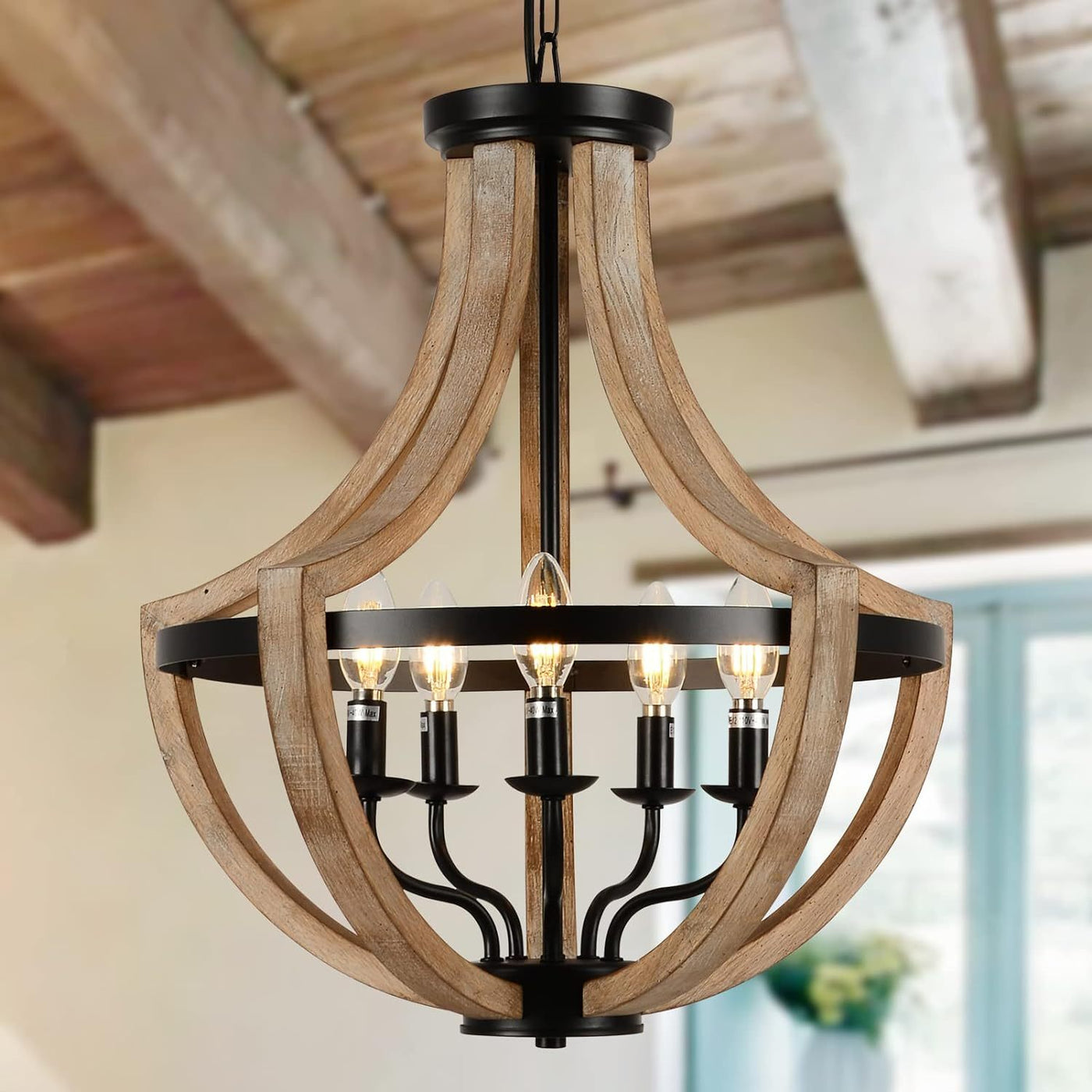 Chandelier Farmhouse 5-Light Solid Wood Adjustable Brown Dining Kitchen