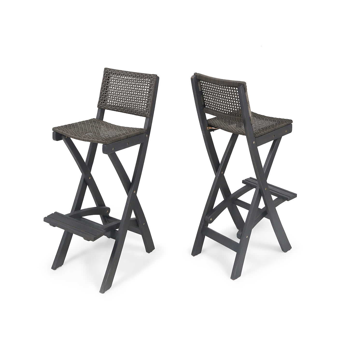 Outdoor Folding Acacia Wood Barstools Set of 2 PE Rattan