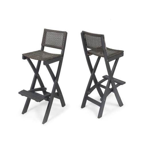 Outdoor Folding Acacia Wood Barstools Set of 2 PE Rattan