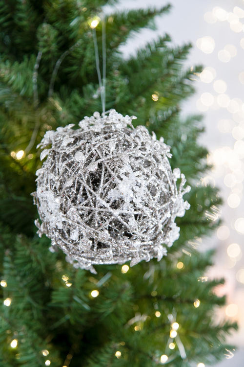Iced Leaf Twig Ball Christmas Ornaments Set of 4