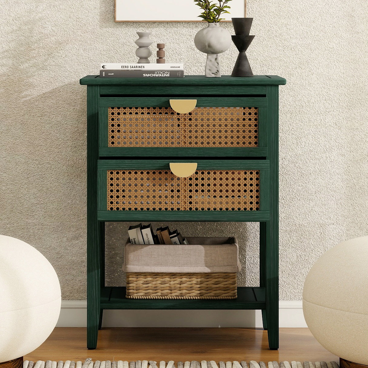 2 Drawer Side table, Naturel Rattan, End table, Suitable for bedroom