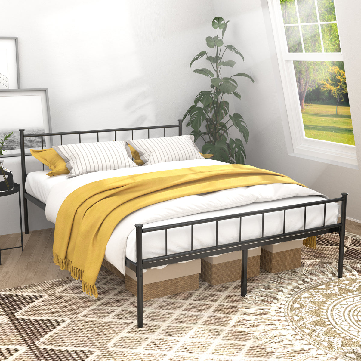 Queen Metal Platform Bed with Headboard Black