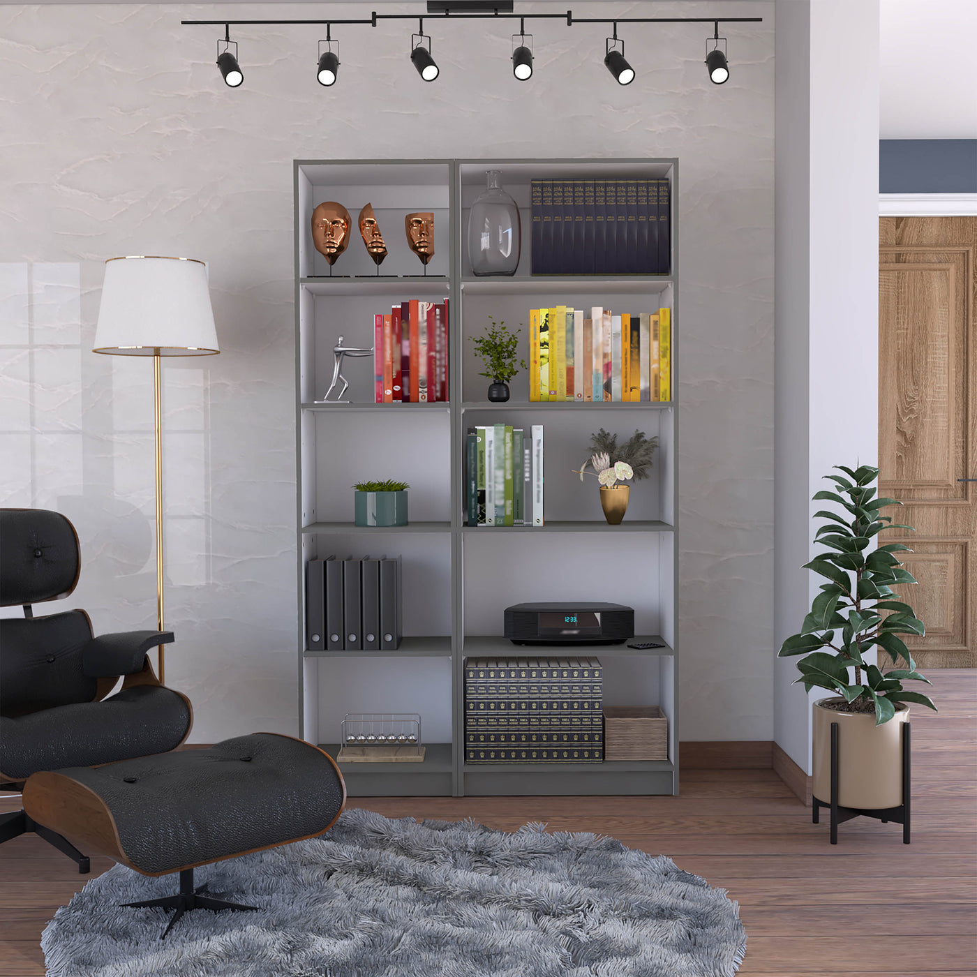 2 Piece Bookcase Set 42" Wide 10 Shelves Matt Gray White