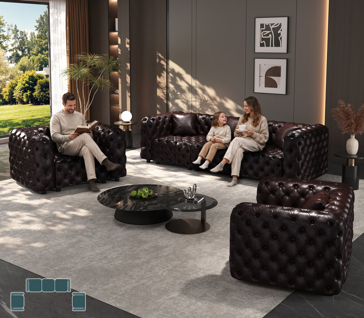 5-Seat Faux Leather Sofa Tufted Brown