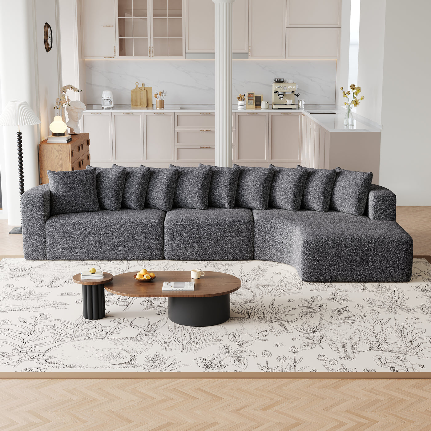 Sectional Sofa Cloud Shape Chenille Gray 3 Seat Right Chaise 131 In