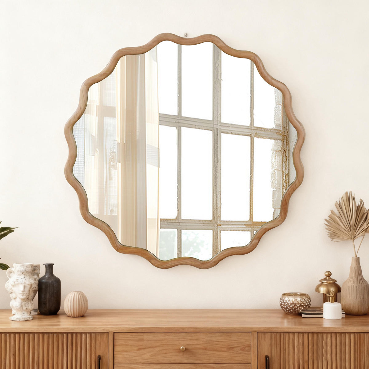 Natural Wood Color 30 inch Wavy Round Solid Wood Frame Decorative Mirror,For Bed