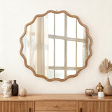 Natural Wood Color 30 inch Wavy Round Solid Wood Frame Decorative Mirror,For Bed