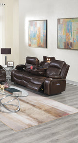 Power Motion Sofa Brown Gel Leatherette Storage Arms Cup Holder