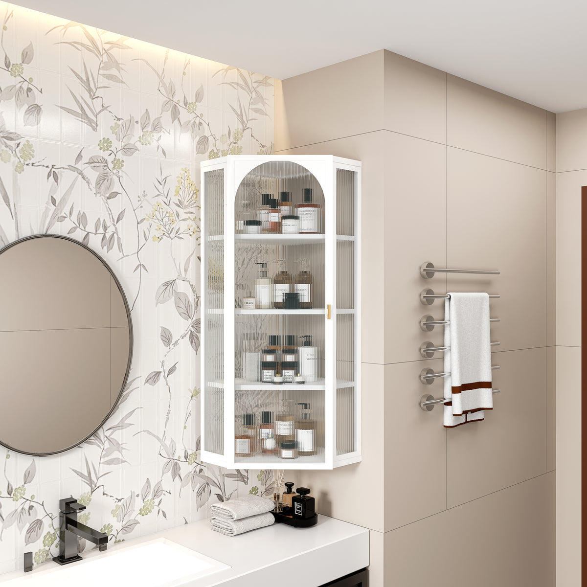 Glass Door Wall Mounted Corner Cabinet with Featuring Four-tier Storage