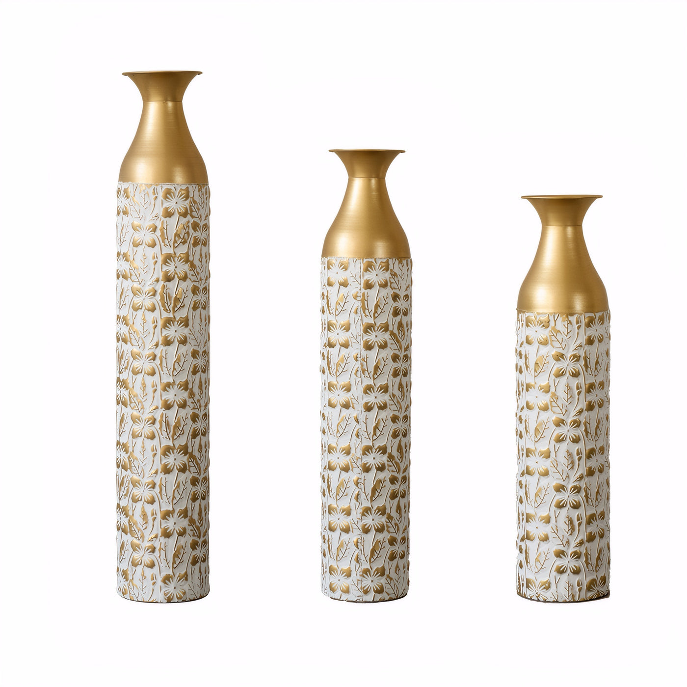 Gilded White 3D Relief Flower Metal Vase Set 24" 29" 32