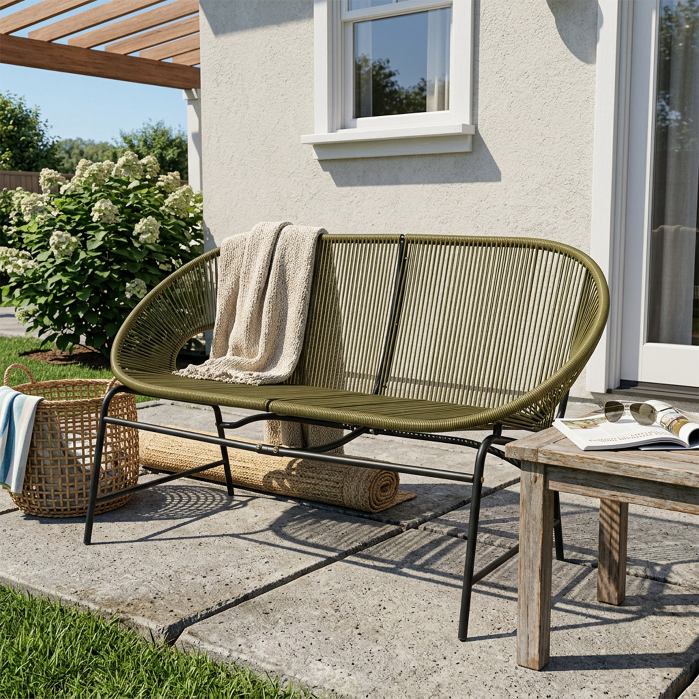 CONDESSA OUTDOOR PATIO WICKER LOVE SEAT, GREEN PE RATTAN & IRON FRAME, SET OF 1
