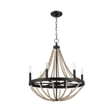 Chandelier Farmhouse Wood Beaded 6-Light Black Metal Glass 22 In